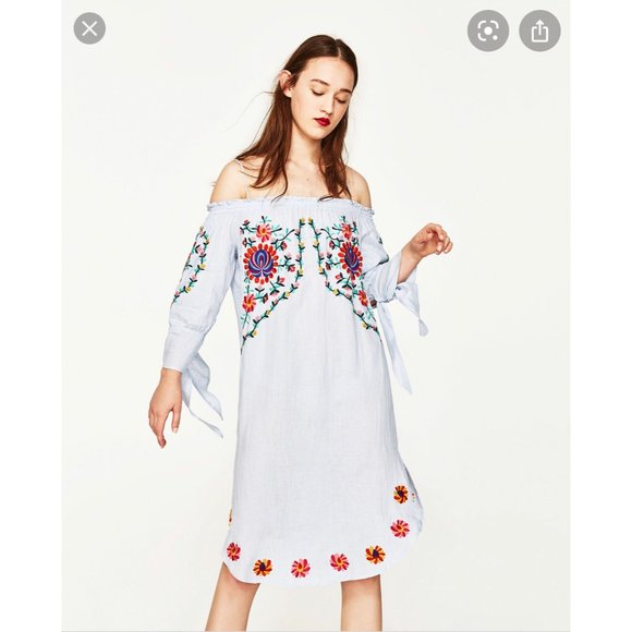 Zara Blue Linen Embroidered Bohemian Sheath Dress - Picture 1 of 15